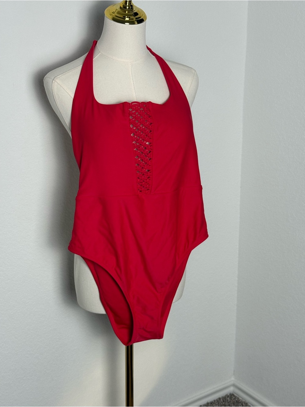 aerie Red One-Piece Swimsuit Knotted Design with Halter Top and Removable Pads L